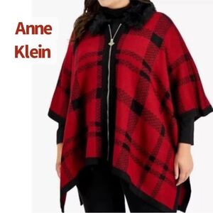 Anne Klein Women's Plaid Zip Front Poncho W/Fur